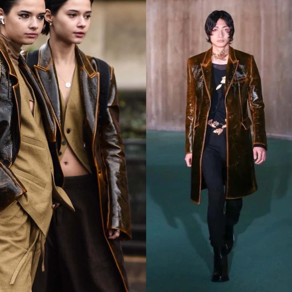 Ann Demeulemeester Debussy Coffee & Black Leather Trench Coat, size Small